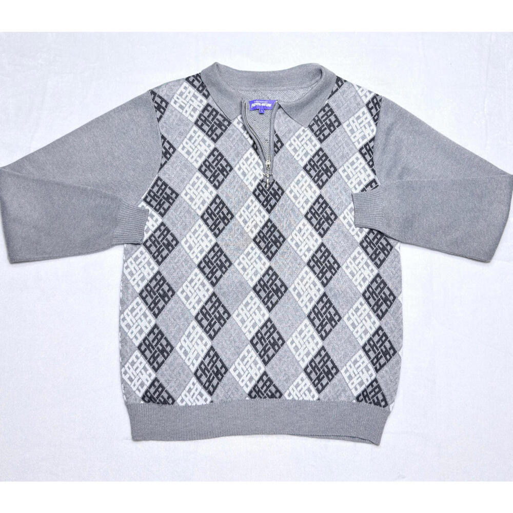 FuckingAwesome FA 1/4 Zip Knit Polo Sweater Men's Large Grey Argyle Logo Patter